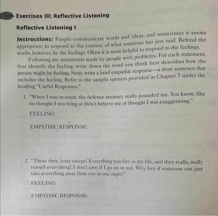 Exercises III: Reflective Listening Reflective | Chegg.com