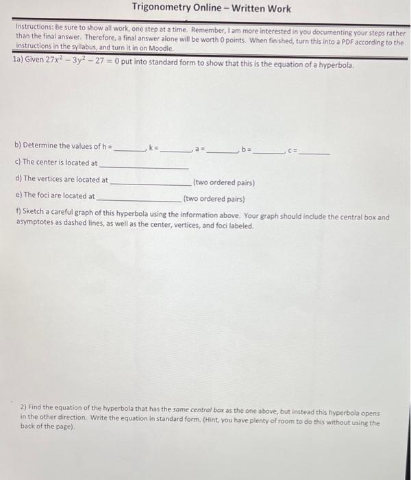 Solved Instructions: Be sure to show all work, one step at a | Chegg.com