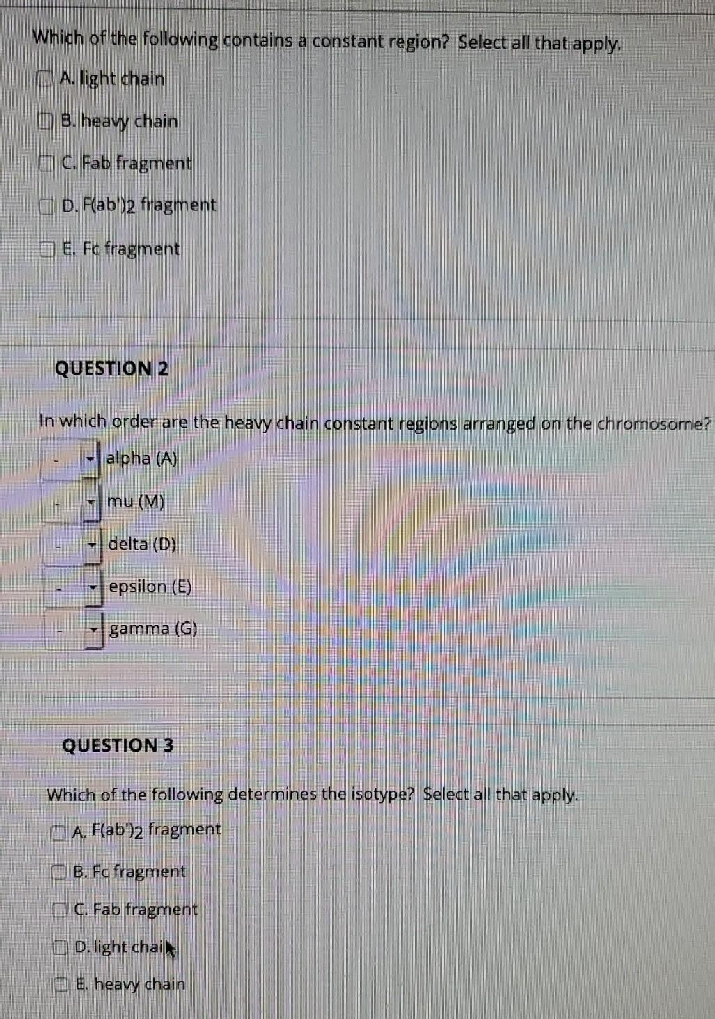 Solved Which Of The Following Contains A Constant Region Chegg Com