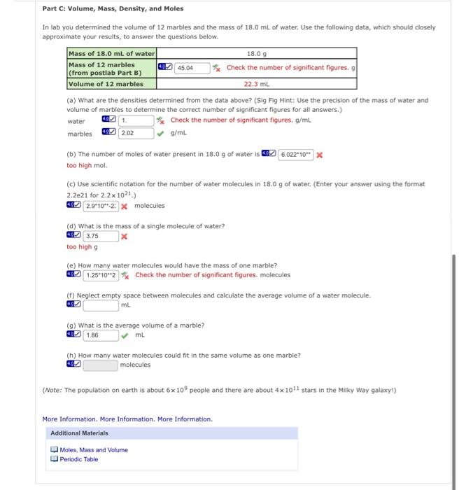 Solved water Part C: Volume, Mass, Density, and Moles In lab | Chegg.com