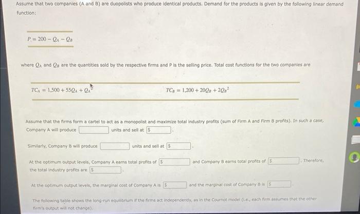 Solved Assume That Two Companies (A And B) Are Duopolists | Chegg.com