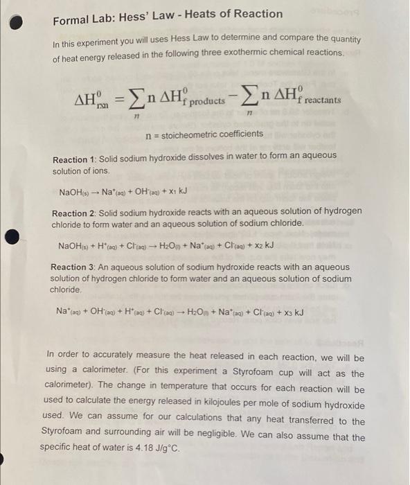 Solved Formal Lab Hess' Law Heats of Reaction In this