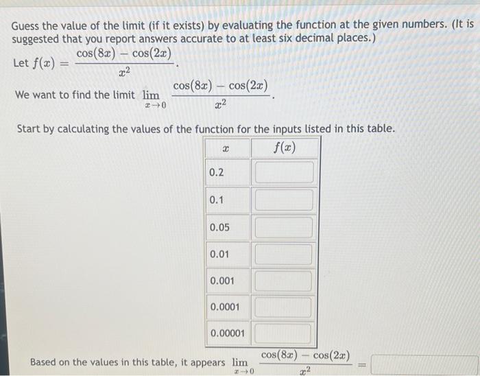 Guess the value of the limit (if it exists) by evaluating the function at the given numbers. (It is suggested that you report