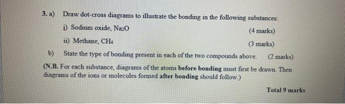 3. a) Draw dot-cross diagrams to illustrate the bonding in the following substances:
3) Sodium oxide, \( \mathrm{Na}_{2} \mat