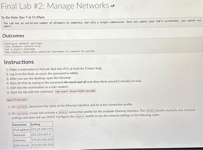 Solved Final Lab \#2: Manage Networks a* To-Do Date: Dec 7 | Chegg.com