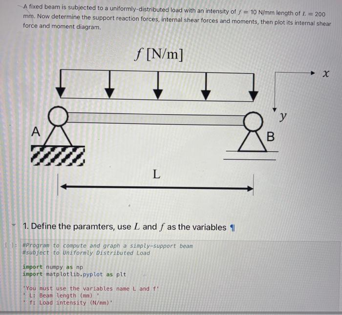 A fixed beam is subjected to a uniformly-distributed load with an intensity of \( f=10 \mathrm{~N} / \mathrm{mm} \) length of