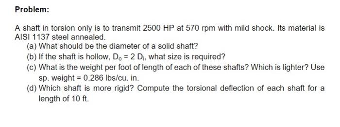 Solved Problem A Shaft In Torsion Only Is To Transmit Chegg Com