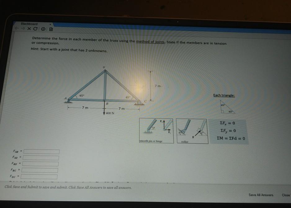 Solved Blackboard Determine the force in each member of the | Chegg.com