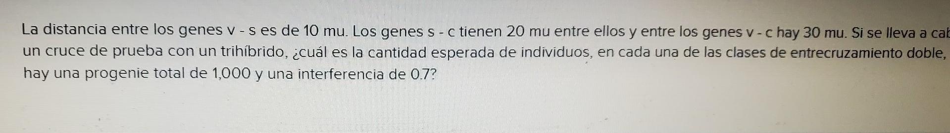 La distancia entre los genes v - s es de 10 mu. Los genes s - c tienen 20 mu entre ellos y entre los genes v- c hay 30 mu. Si