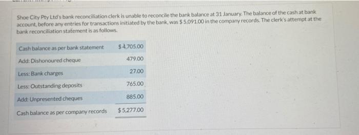 solved-shoe-city-pty-ltd-s-bank-reconciliation-clerk-is-chegg