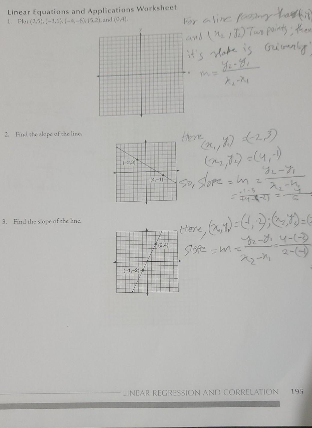 Solved Linear Equations and Applications Worksheet 20. Plot  Chegg.com With Regard To Slope Of A Line Worksheet