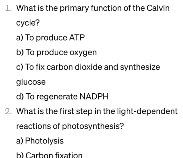 What is the primary function of the Calvin cycle?a) | Chegg.com
