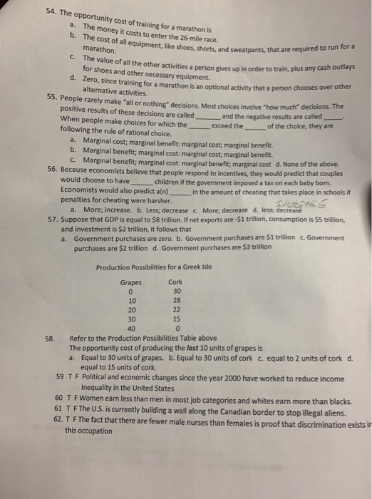 Solved 54. The opportunity cost of training for a marathon | Chegg.com