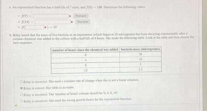 Solved a. An exponential function has a half-life of 7 | Chegg.com