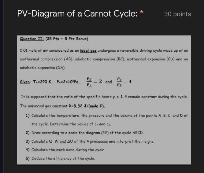 Solved PV-Diagram of a Carnot Cycle: * 30 points Question | Chegg.com