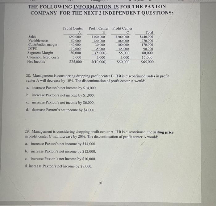 Solved THE FOLLOWING INFORMATION IS FOR THE PAXTON COMPANY