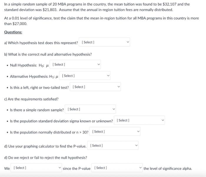 Solved In a simple random sample of 20MBA programs in the | Chegg.com