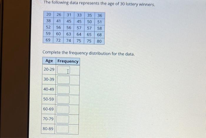 Solved The following data represents the age of 30 lottery | Chegg.com