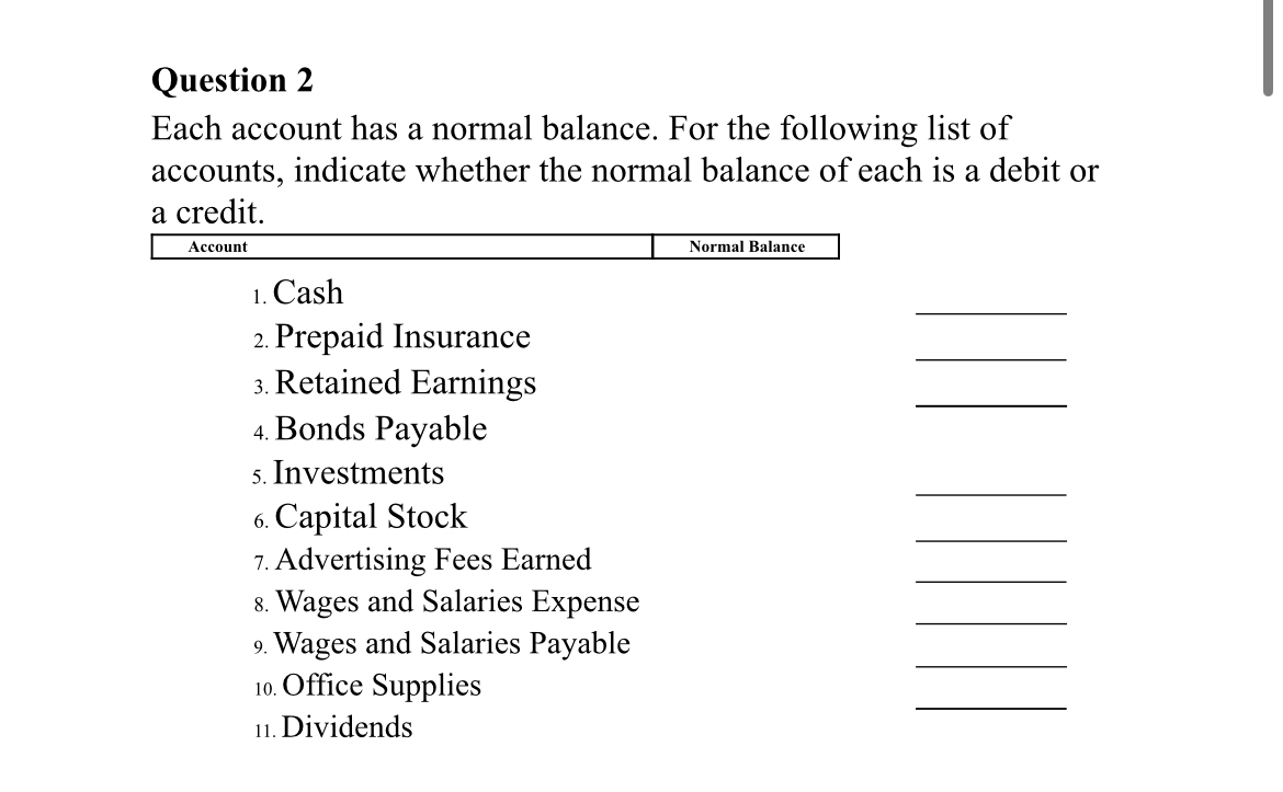 Solved Question 2Each account has a normal balance. For the | Chegg.com
