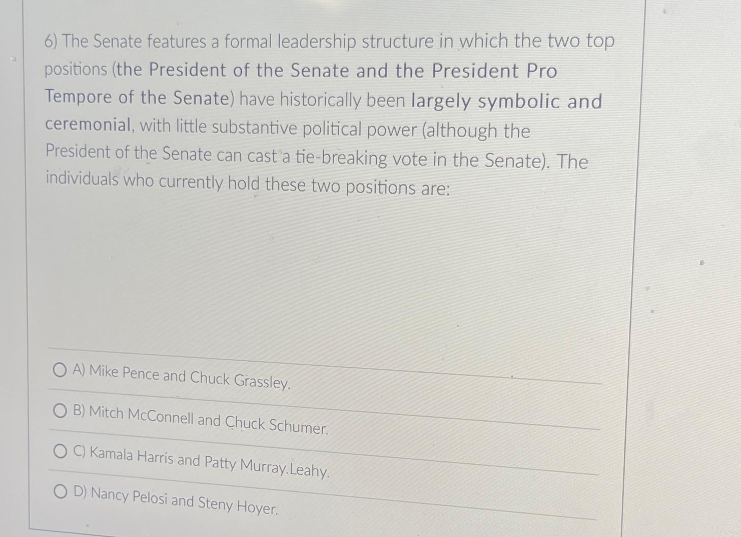 Solved The Senate features a formal leadership structure in | Chegg.com