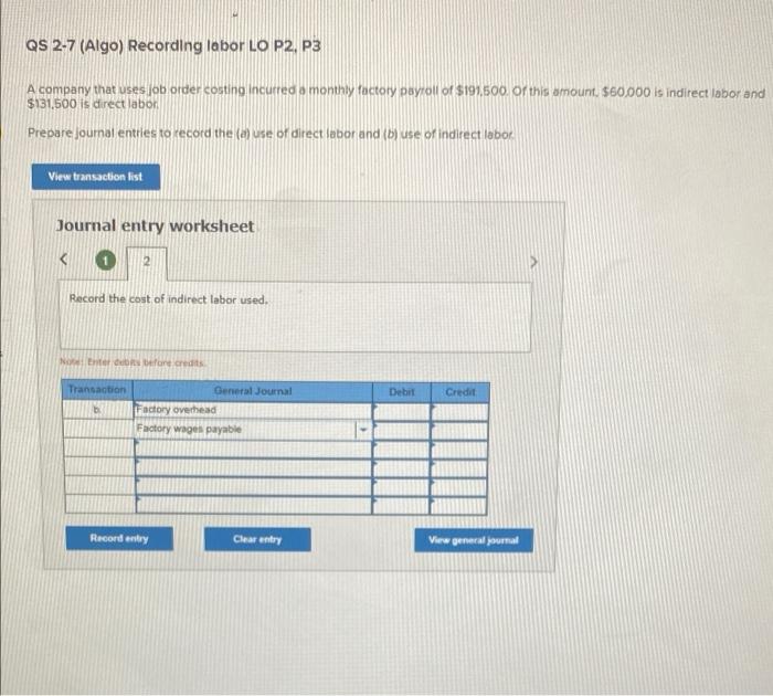 Solved QS 27 (Algo) Recording labor LO P2, P3 A company