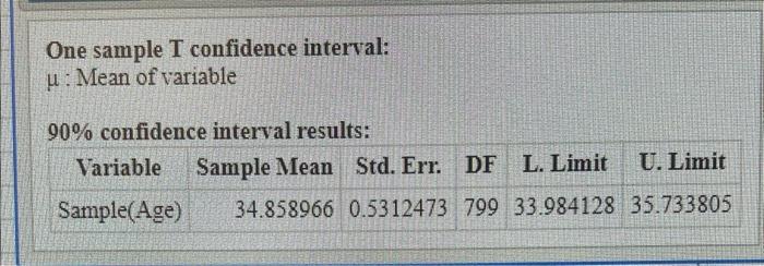 One sample T confidence interval: \( \mu \) : Mean of variable
\( 90 \% \) confidence interval results: