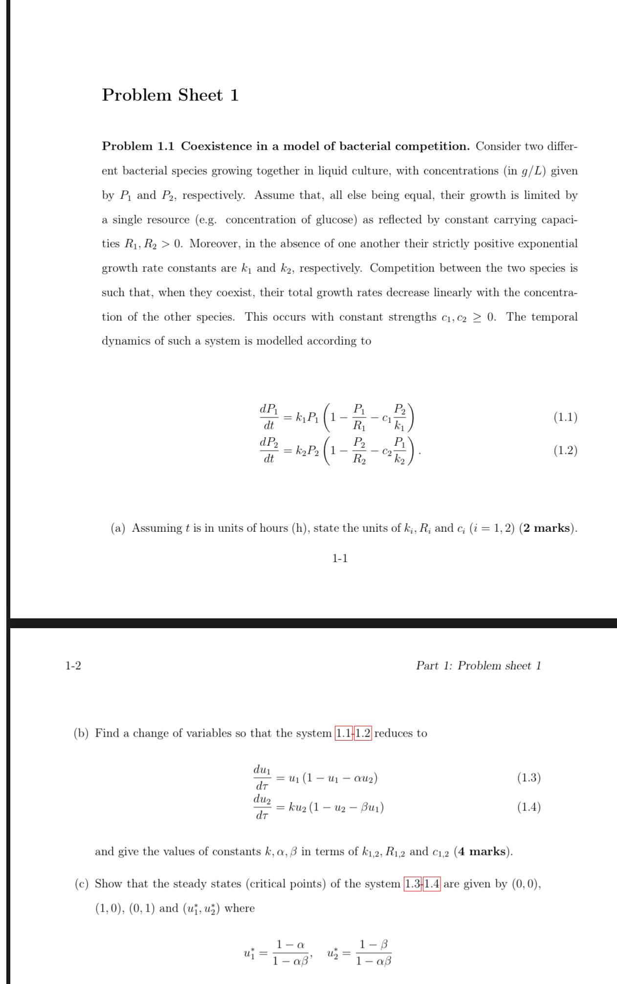 Solved Problem Sheet 1Problem 1.1 ﻿Coexistence In A Model Of | Chegg.com