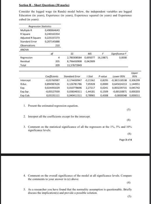 Solved Section B - Short Questions (30 marks) Consider the | Chegg.com