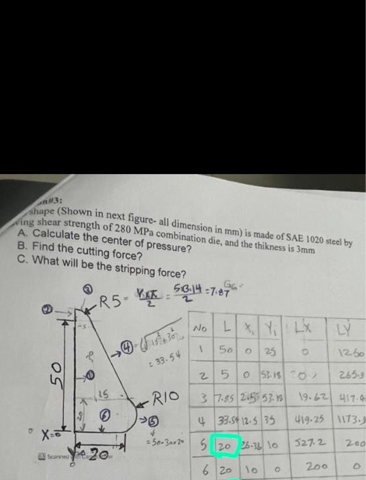 ?aill3:
shape (Shown in next figure- all dimension in \( \mathrm{mm} \) ) is made of SAE 1020 steel by Aing shear strength of