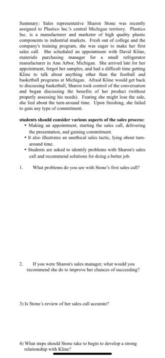 Solved Summary Sales Representative Sharon Stone Was Rec Chegg Com