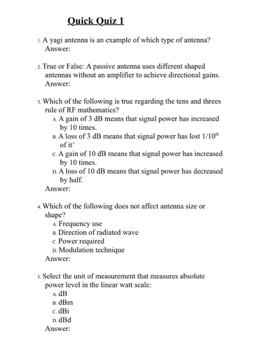 (Solved) Quick Quiz 1 1 Yagi Antenna Example Type Antenna Answer 2