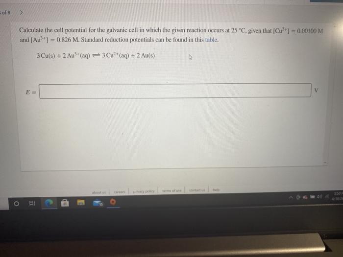 Solved of 8 > Calculate the cell potential for the galvanic | Chegg.com