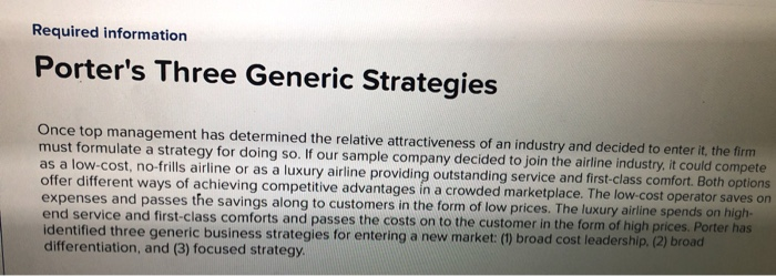 Required information Porters Three Generic Strategies Once top management has determined the relative attractiveness of an i