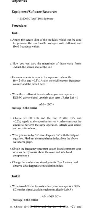 Objectives Equipment/Software Resources EMONA Tutor | Chegg.com