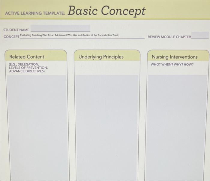 active learning tempate: Basic Concept
STUDENT NAME
CONCEPT Evaluating Teaching Plan for an Addiescent Who Has an infection o