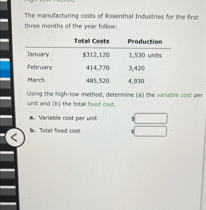 Solved The manufacturing costs of Rosenthal Industries for