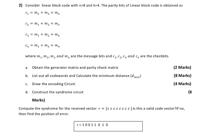 2) Consider linear block code with n=8 and k=4. The | Chegg.com