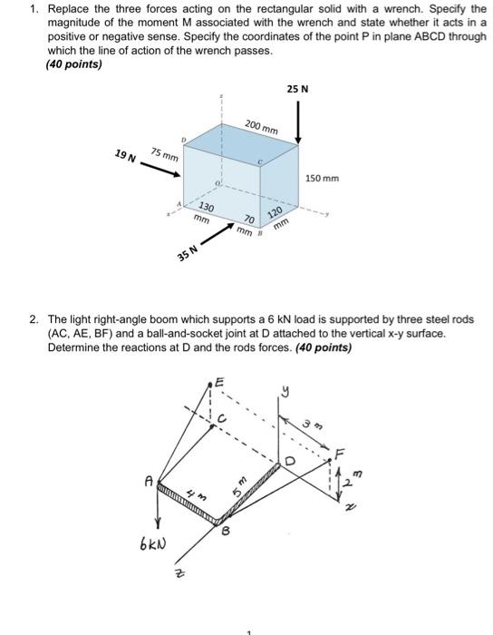 Solved 1. Replace the three forces acting on the rectangular | Chegg.com