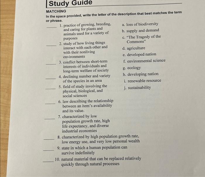 Solved Study Guide MATCHING In the space provided, write the | Chegg.com