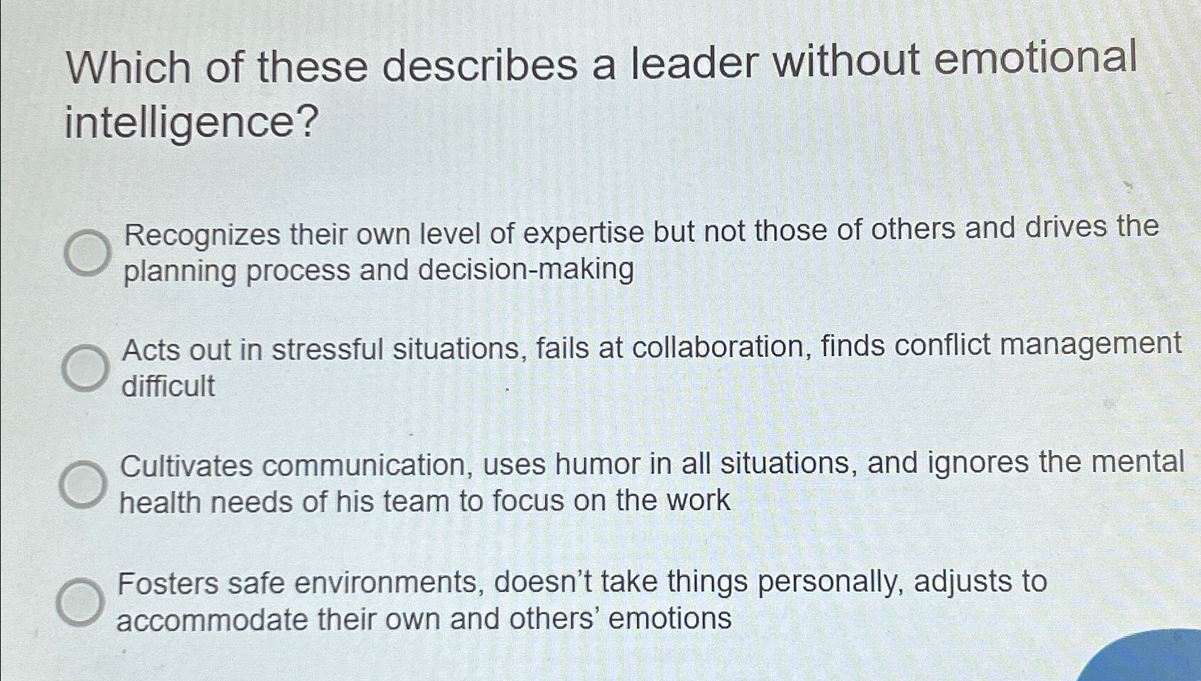 Solved Which of these describes a leader without emotional | Chegg.com