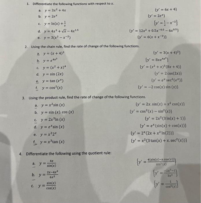 1. Differentiate the following functions with respect to \( x \). a. \( y=3 x^{2}+4 x \) b. \( y=2 e^{x} \) \[ \left\{y^{\pri