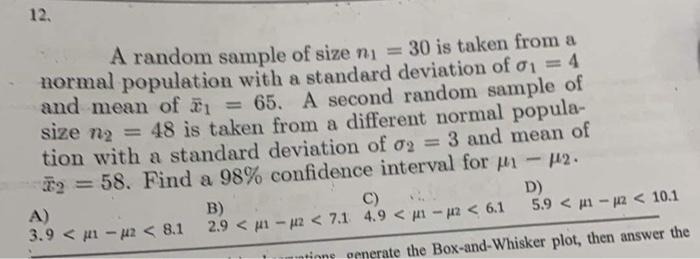 Solved 12. A Random Sample Of Size N₁ = 30 Is Taken From A | Chegg.com