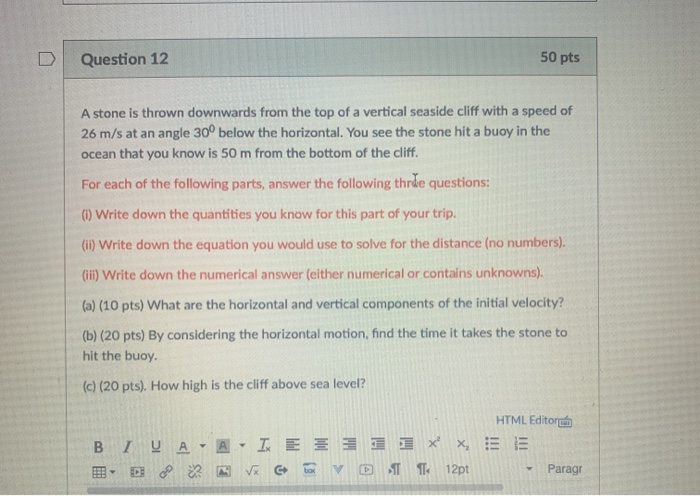 Solved Question 12 50 pts A stone is thrown downwards from | Chegg.com