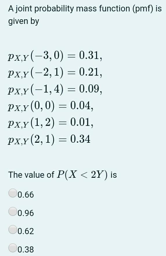 Solved A joint probability mass function (pmf) is given by | Chegg.com