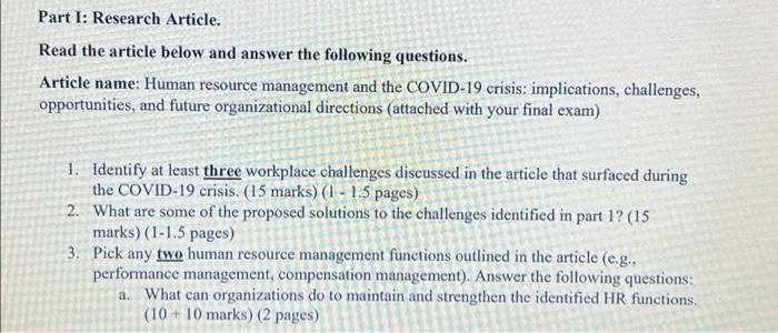Part I: Research Article. Read the article below and | Chegg.com