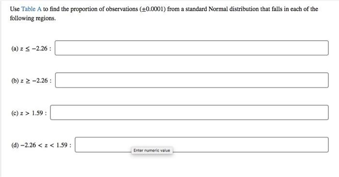 Solved Use Table A to find the proportion of observations | Chegg.com
