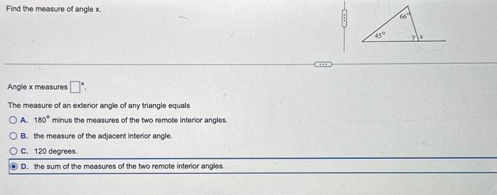 find the measure of angle x in the triangle
