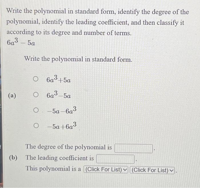 write each polynomial in standard form identify the leading coefficient