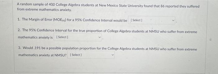 Solved A random sample of 400 College Algebra students at | Chegg.com