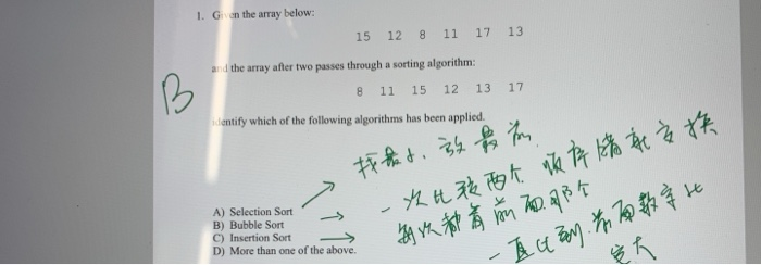 Solved 1. Given the array below: | 15 12 8 11 17 13 and the | Chegg.com